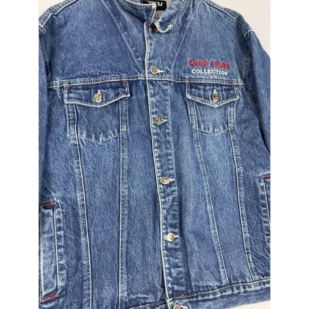 Vintage Fubu Collection Denim Blue Jean Trucker Jacket Pocket Button Mens XL Y2K